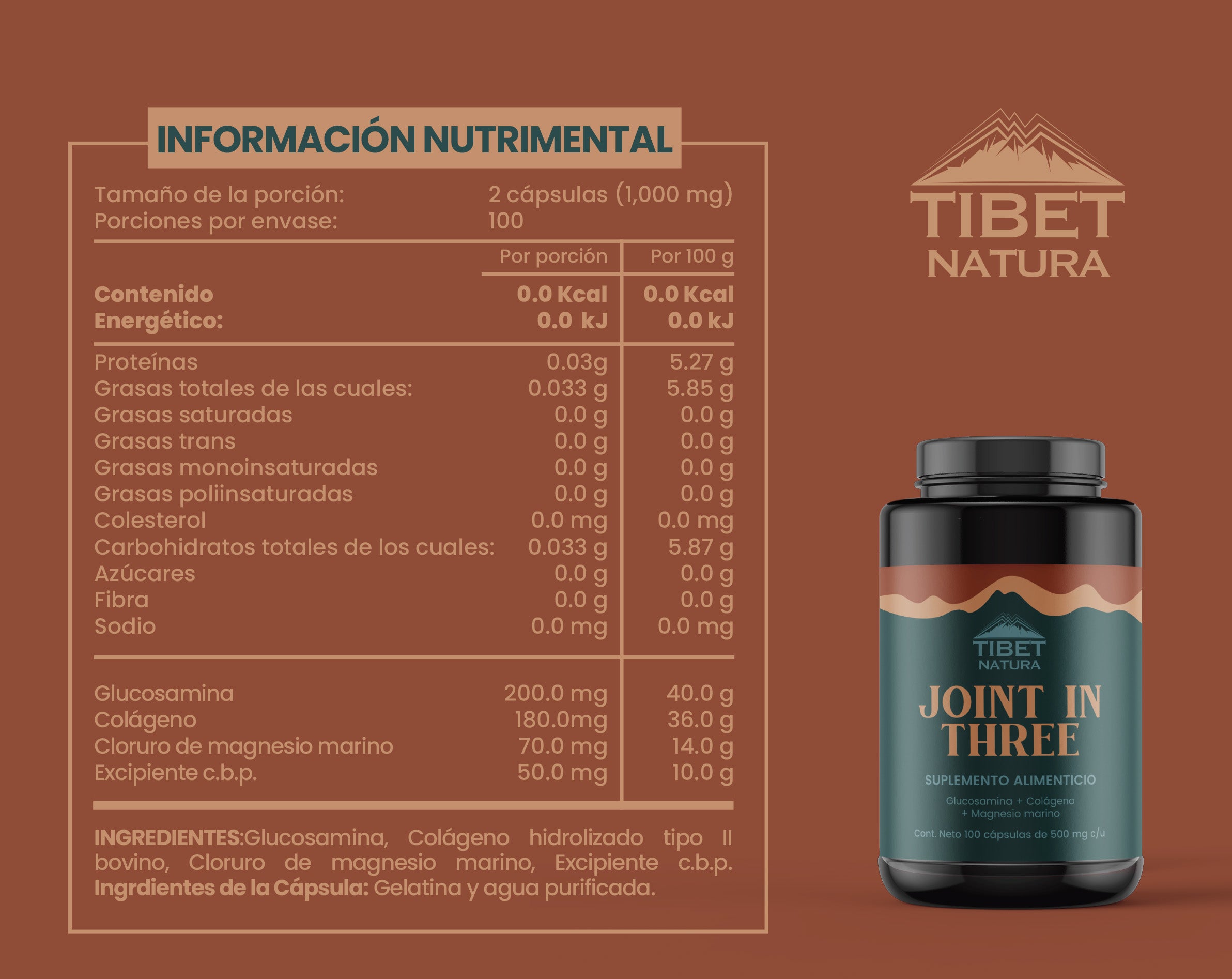 Glucosamina, Colágeno Hidrolizado Puro y Magnesio - 100 cápsulas 500 mg c/u - Magnesio Marino - Suplemento Alimenticio - Sin Azúcar - Joint In Three