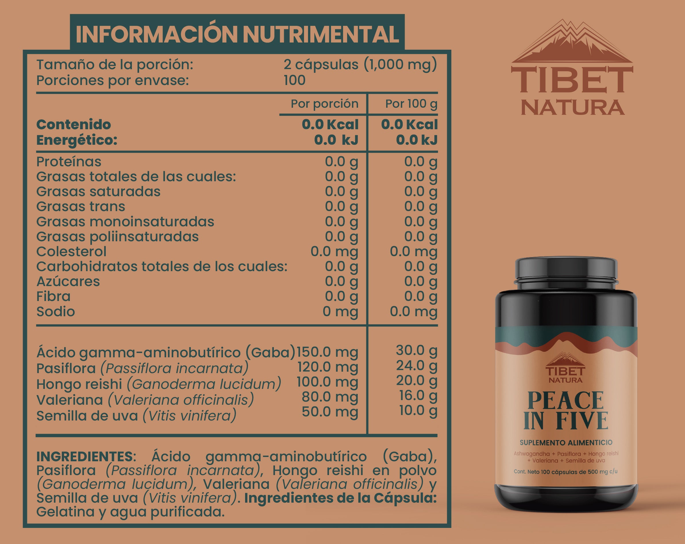 Ashwagandha, Pasiflora, Reishi, Valeriana y Semilla de uva. 100 cápsulas de 500 mg c/u. Tíbet Natura, Sin azúcares -Sin sabor.