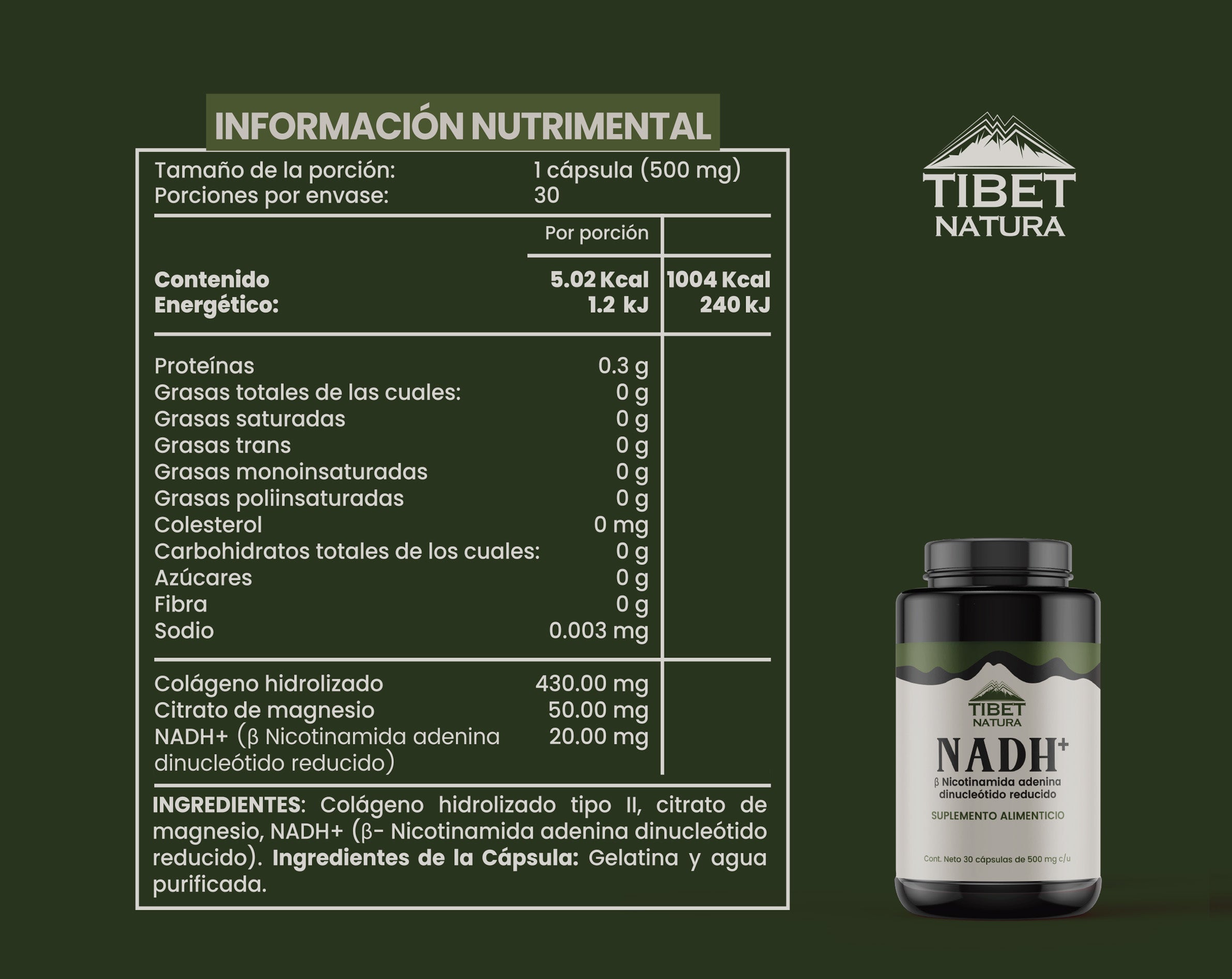 NADH+ Nicotinamida Adenina Dinucleótido Reducido - Con Citrato de Magnesio y Colágeno Hidrolizado - 30 cápsulas de 500 mg c/u - Suplemento Alimenticio