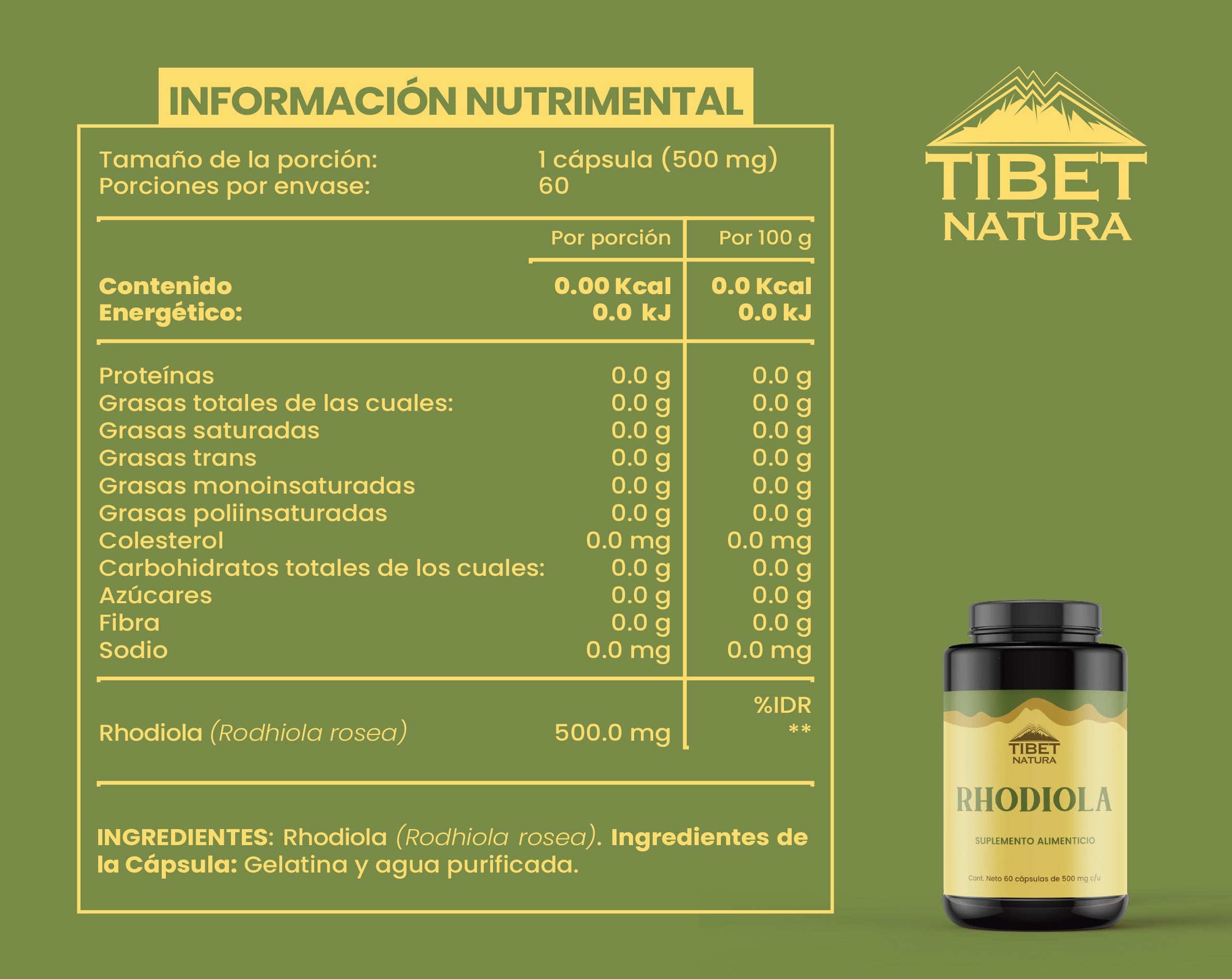 Rhodiola Rosea - 60 Cápsulas 500 mg c/u - Suplemento Alimenticio -Sin Azúcar - Hongos Adaptógenos - 100% Natural - Energía y Enfoque
