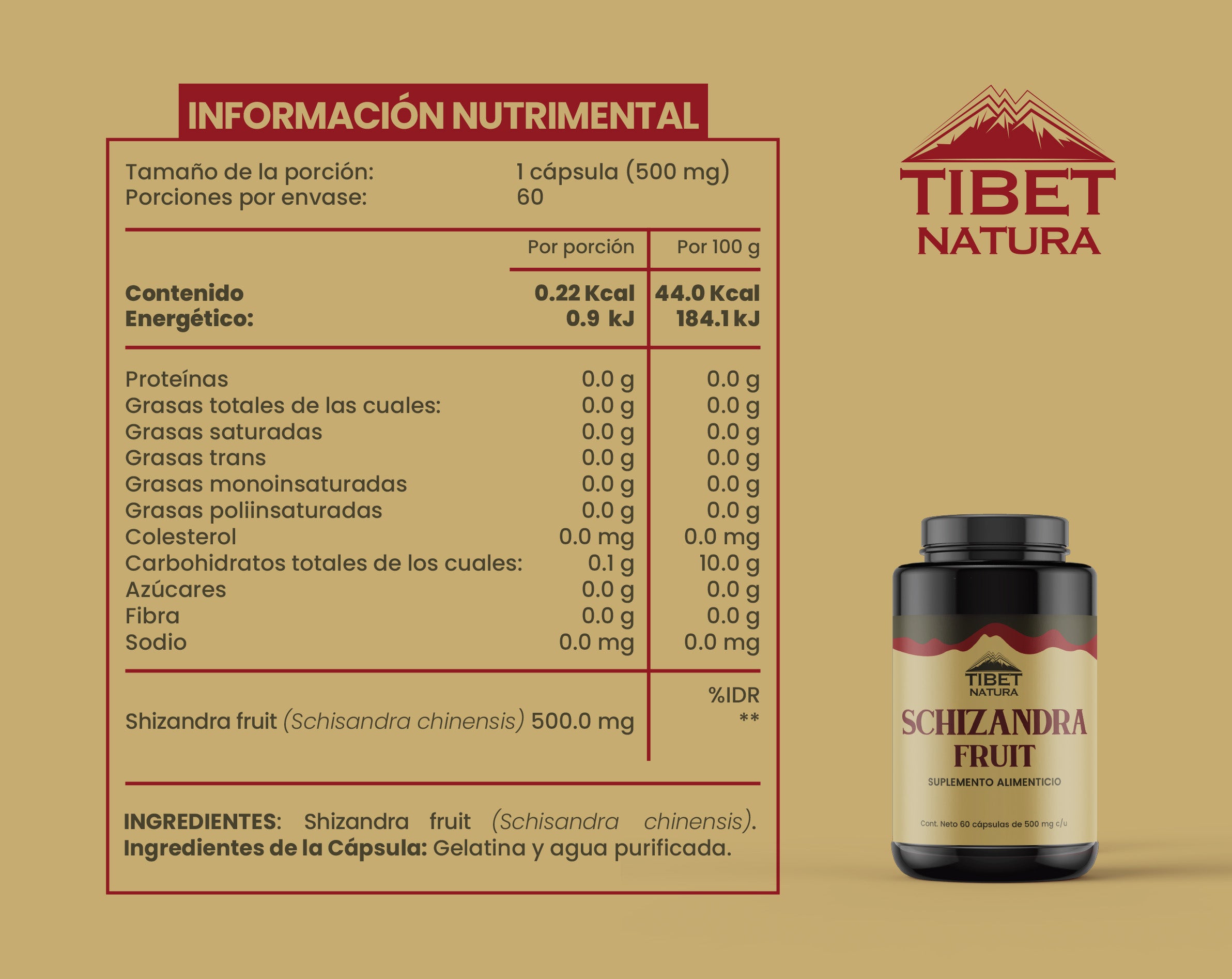 Schizandra - 60 cápsulas de 500 mg c/u - Suplemento Alimenticio - Schisandra Fruit - Sin Azúcar - Energía