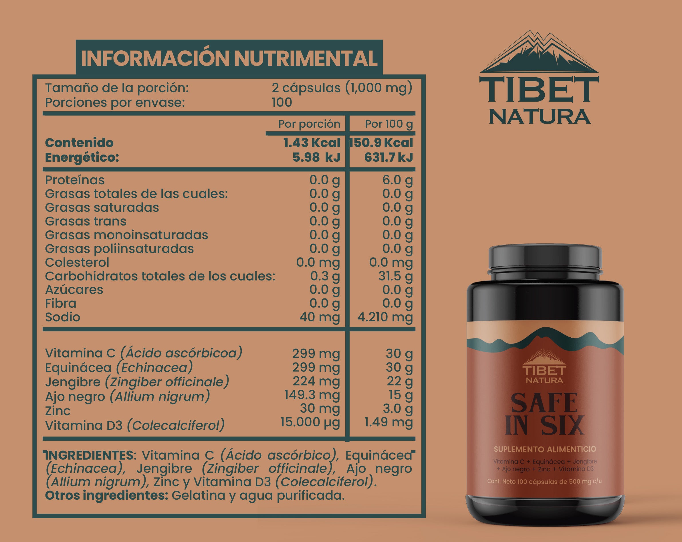 Vitamina D3, Jengibre, Vitamina C, Ajo negro, Equinácea, Zinc. 100 cápsulas de 500 mg c/u. Sin azúcares - Sin sabor. Safe in Six - Tibet Natura