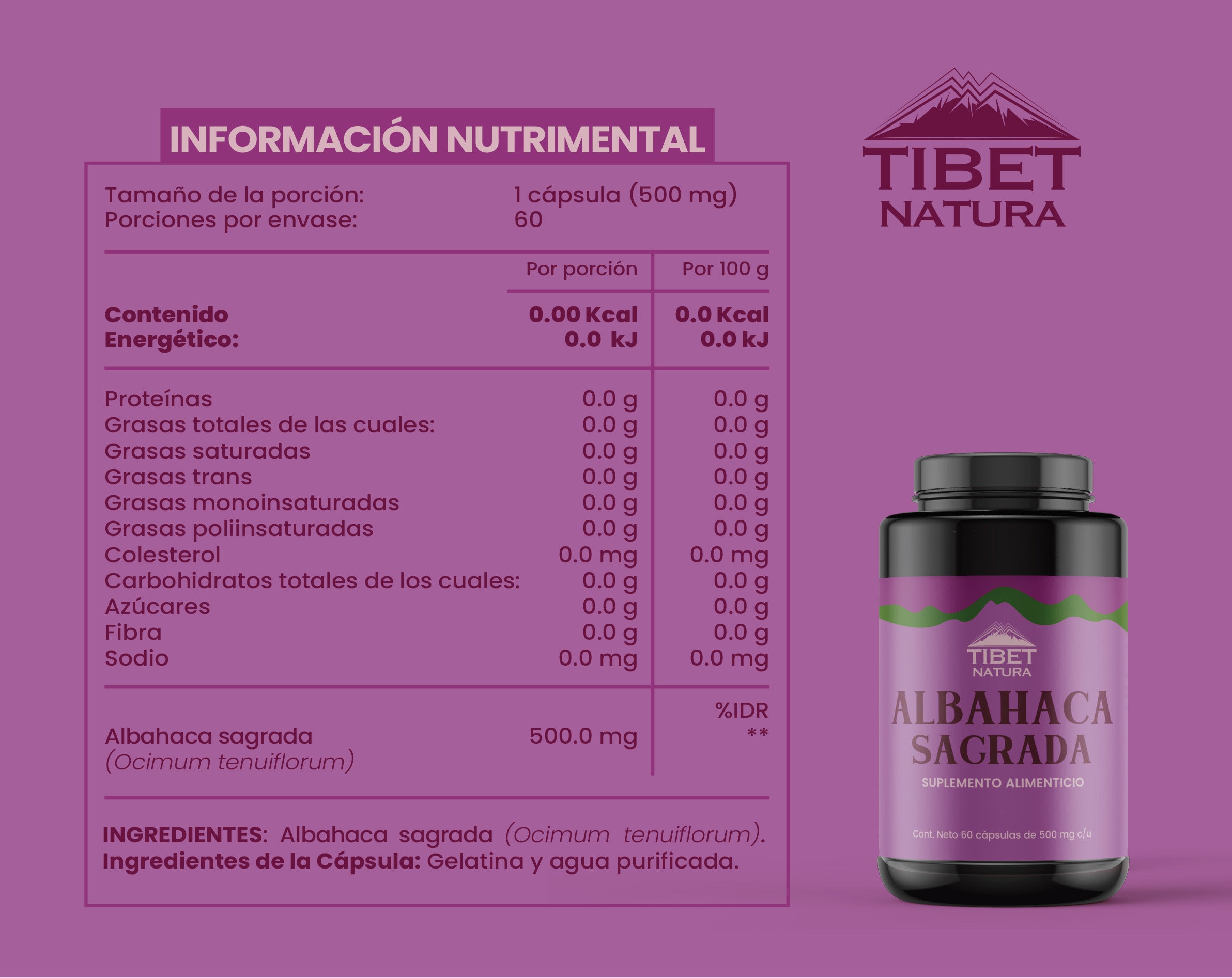 Albahaca Sagrada 100% Pura - 60 Cápsulas 500 mg c/u - Suplemento Natural - Adaptógeno - Sin Azúcar - Suministro para 2 Meses - En Cápsulas De Gelatina