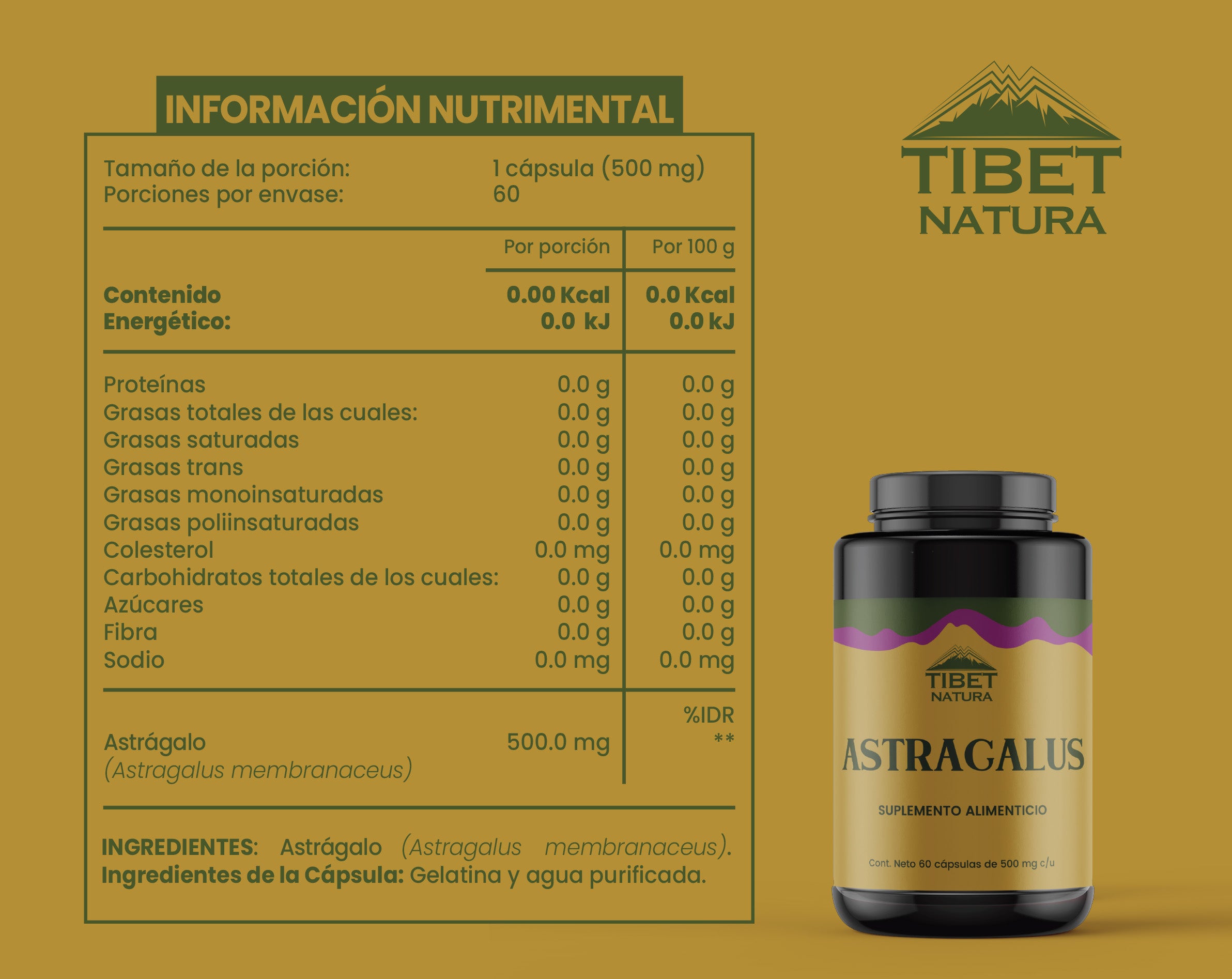 Astrágalo - Suplemento Alimenticio Sin Azúcar- 60 cáps de 500 mg c/u.