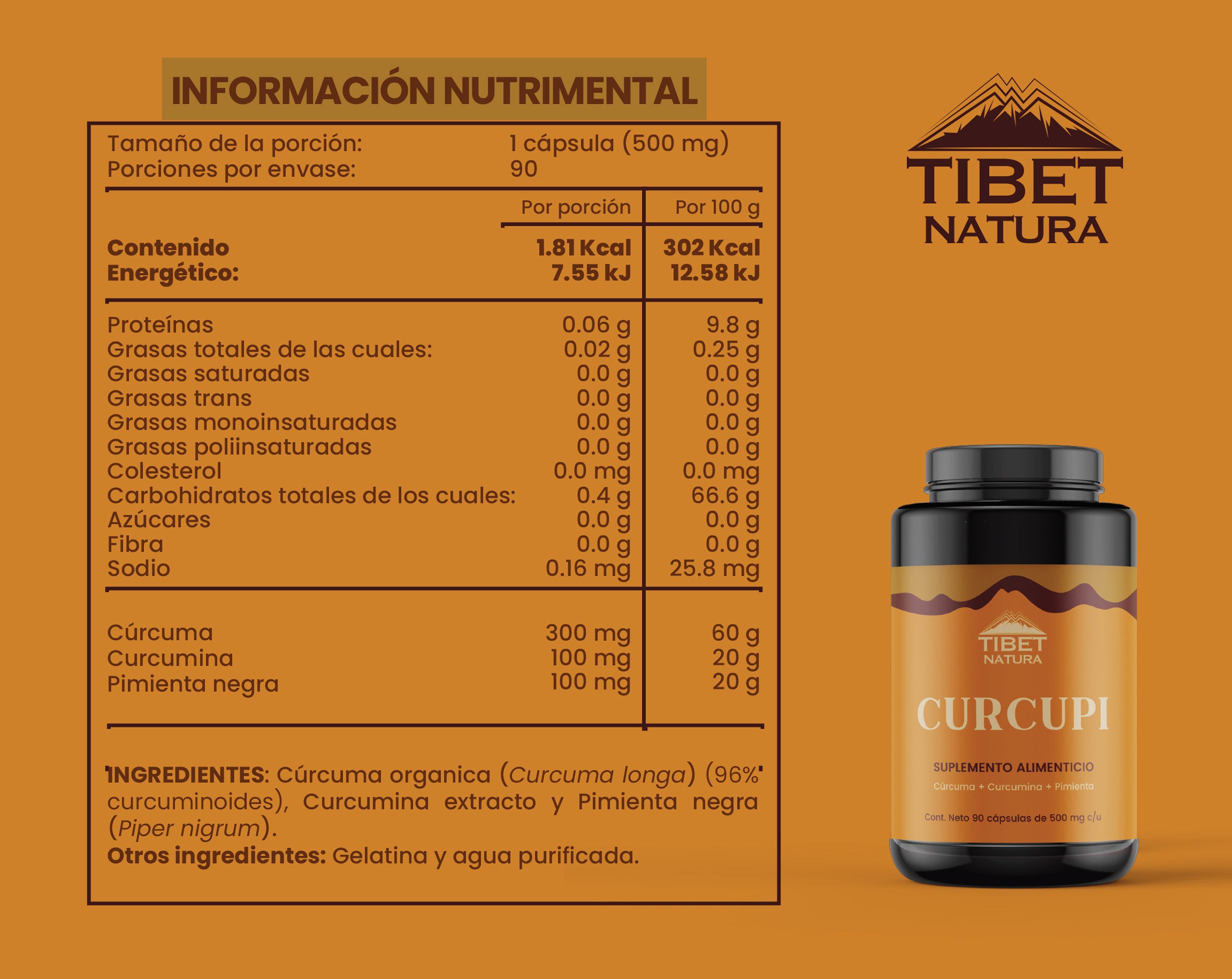 Curcupi 90 Cápsulas De 500 mg c/u - Cúrcuma Orgánica con Curcumina y Pimienta Negra - Suplemento Natural de Calidad - Sin Azúcar
