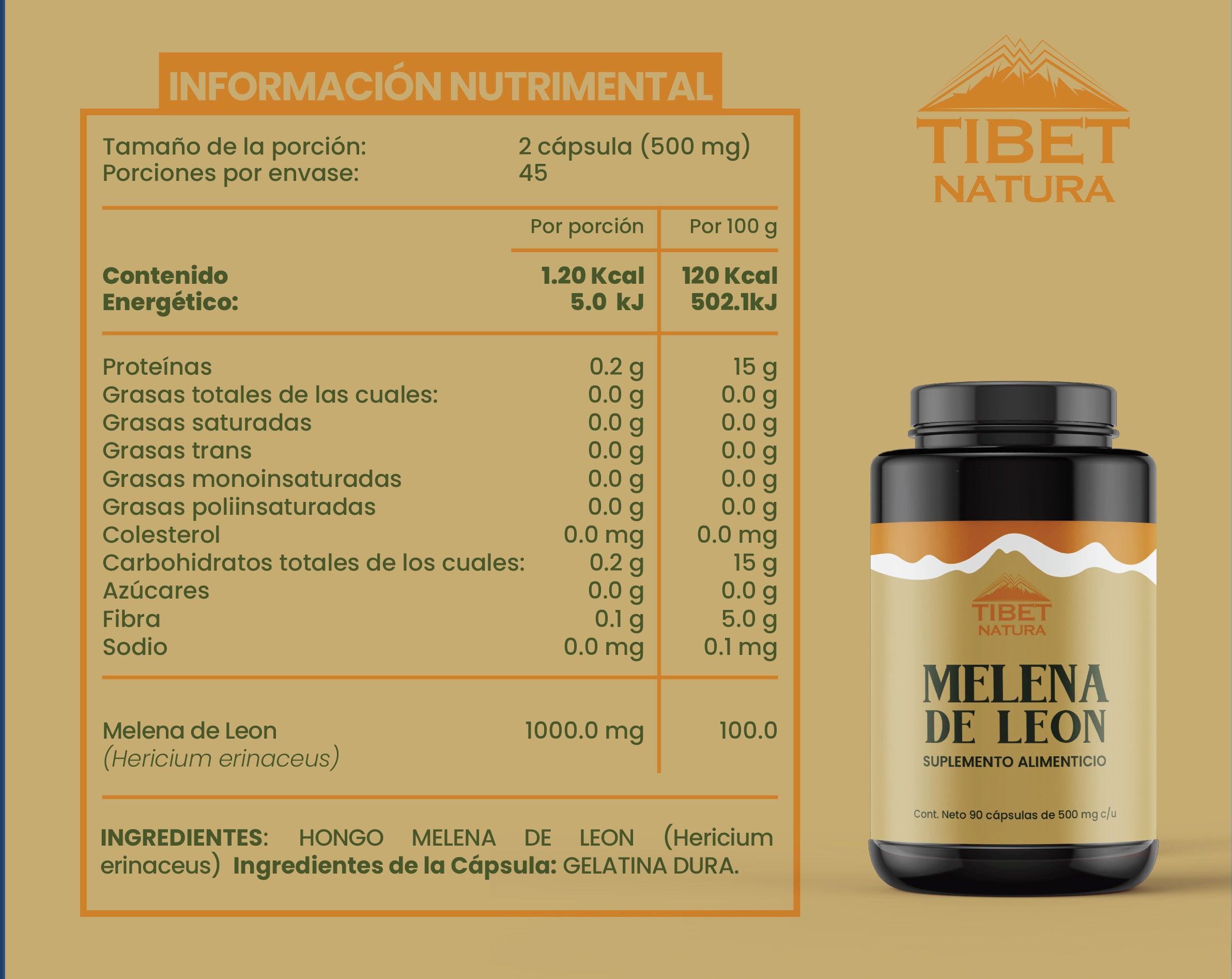 Melena de León - 90 Cápsulas de 500 mg c/u - Hongos Adaptógenos - Suplemento Alimenticio Natural - Sin Azúcar - Ni Conservantes