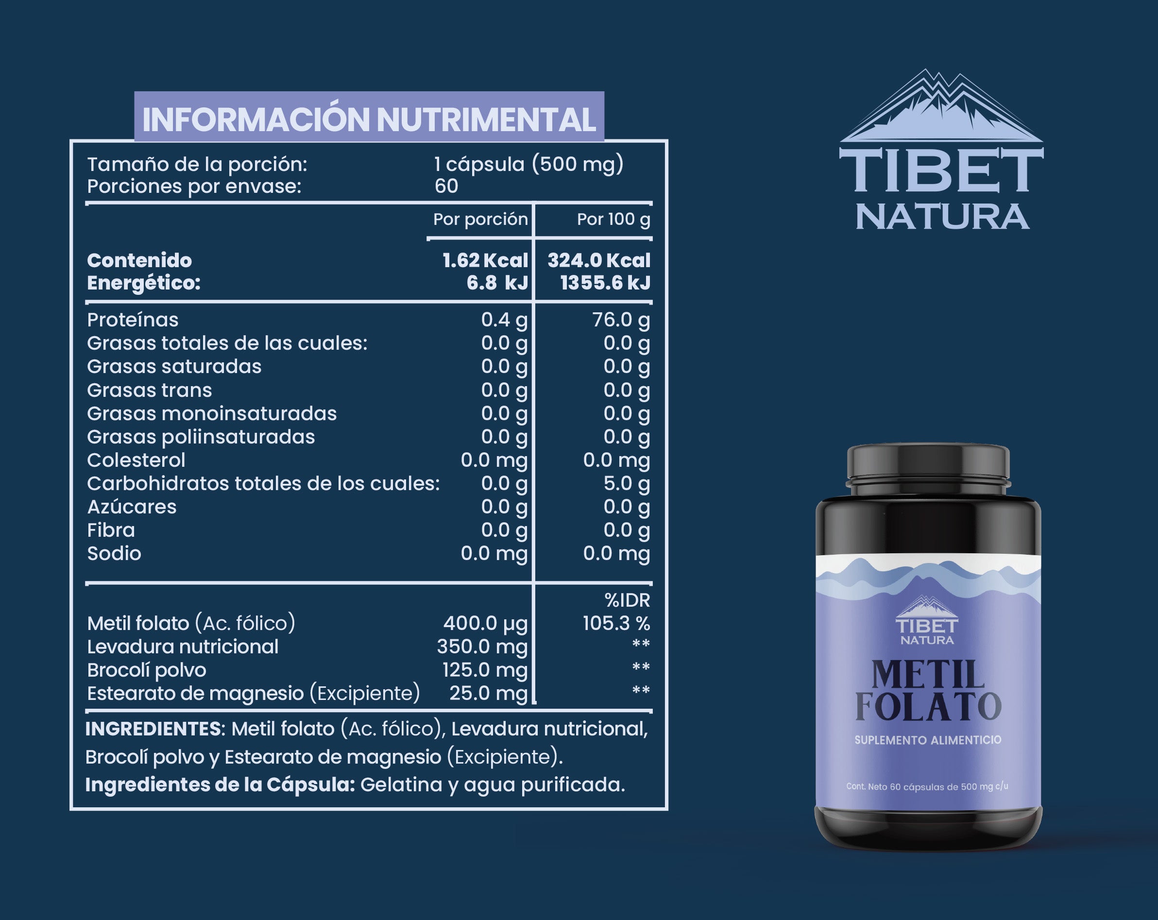 Metil folato, Levadura, Brocolí y Estearato de Magnesio. 60 Cáps de 500 mg c/u. Sin azúcares, sin sabor.