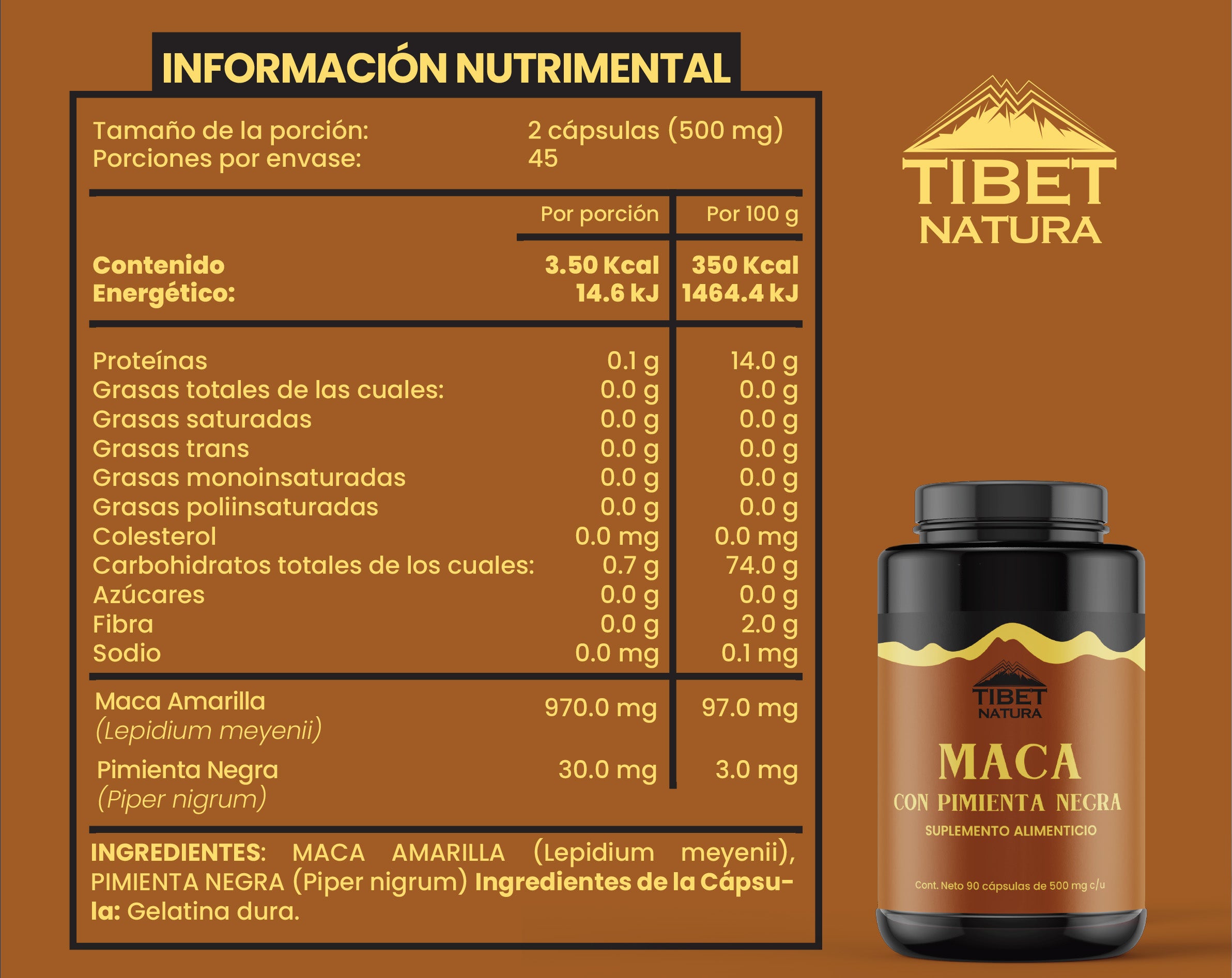 Maca Amarilla Con Pimienta Negra - 90 cápsulas con 500 mg c/u - Suplemento Alimenticio Natural - Energía - Sin Azúcar - Ni Aditivos