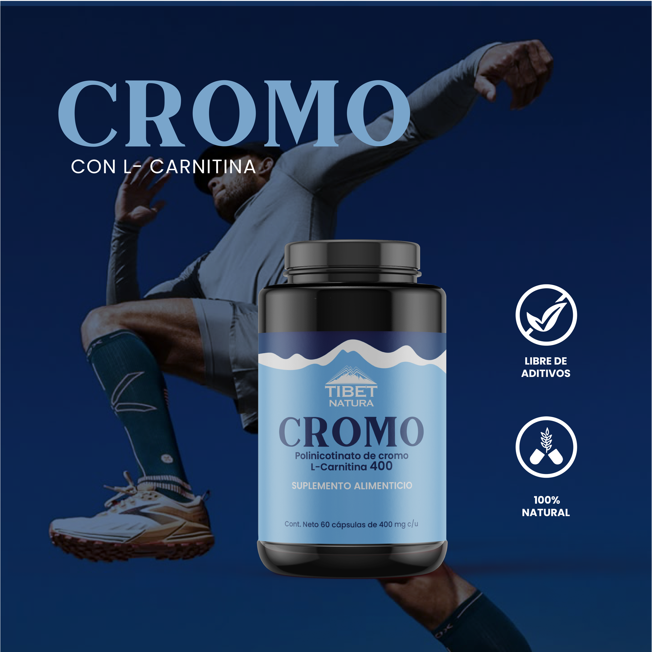 Cromo Con L-Carnitina - Suplemento Alimenticio Con Polinicotinato de Cromo - 60 Cápsulas con 400 mg c/u - Sin Azúcar y Sin Sabor