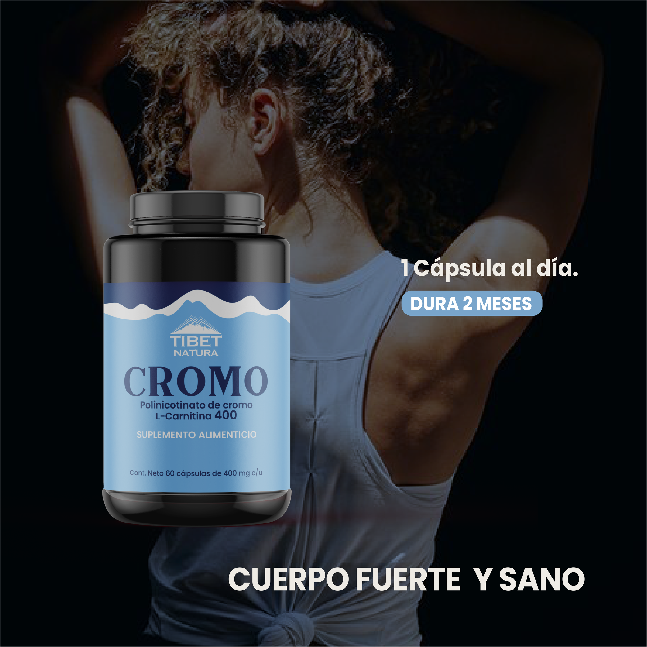 Cromo Con L-Carnitina - Suplemento Alimenticio Con Polinicotinato de Cromo - 60 Cápsulas con 400 mg c/u - Sin Azúcar y Sin Sabor