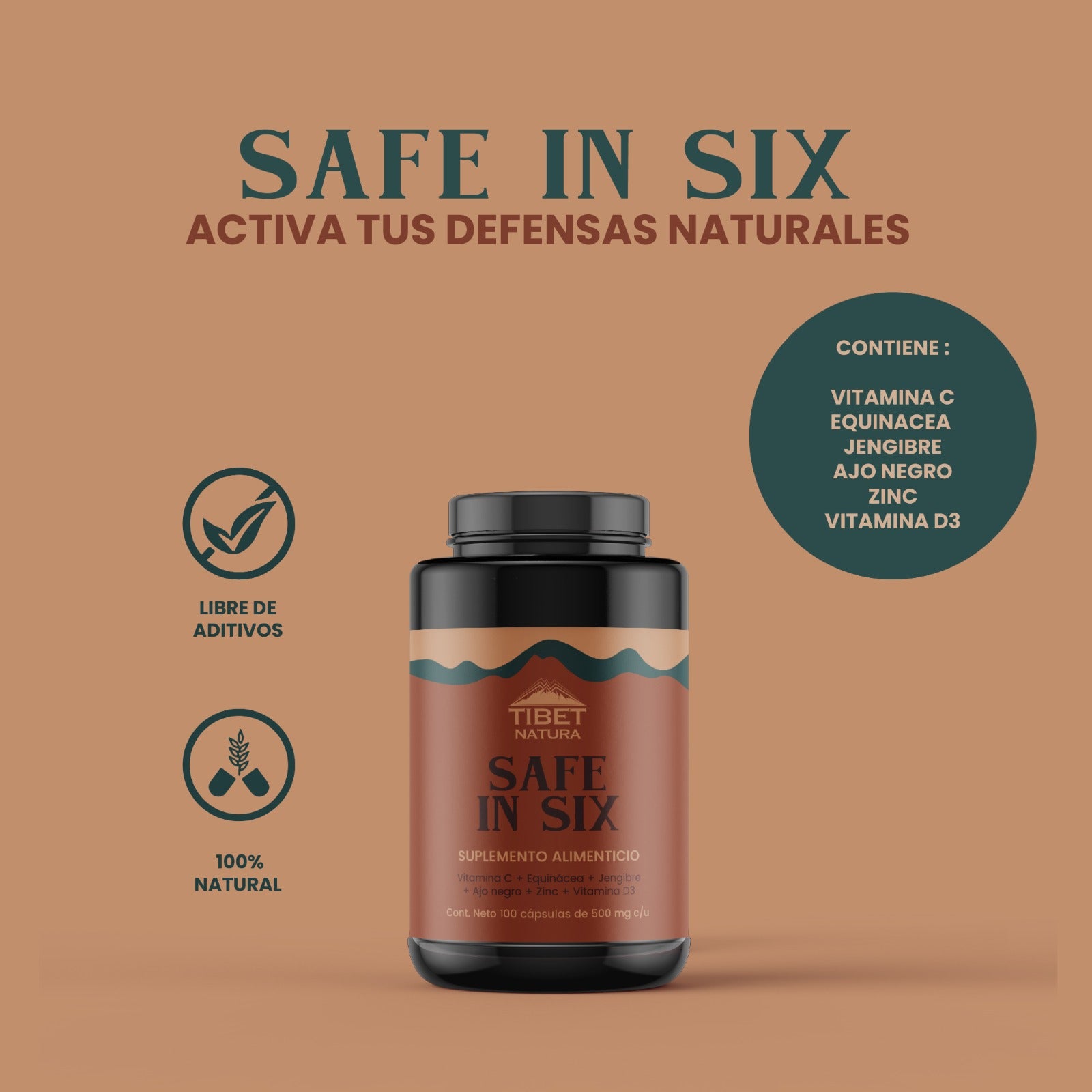 Vitamina D3, Jengibre, Vitamina C, Ajo negro, Equinácea, Zinc. 100 cápsulas de 500 mg c/u. Sin azúcares - Sin sabor. Safe in Six - Tibet Natura