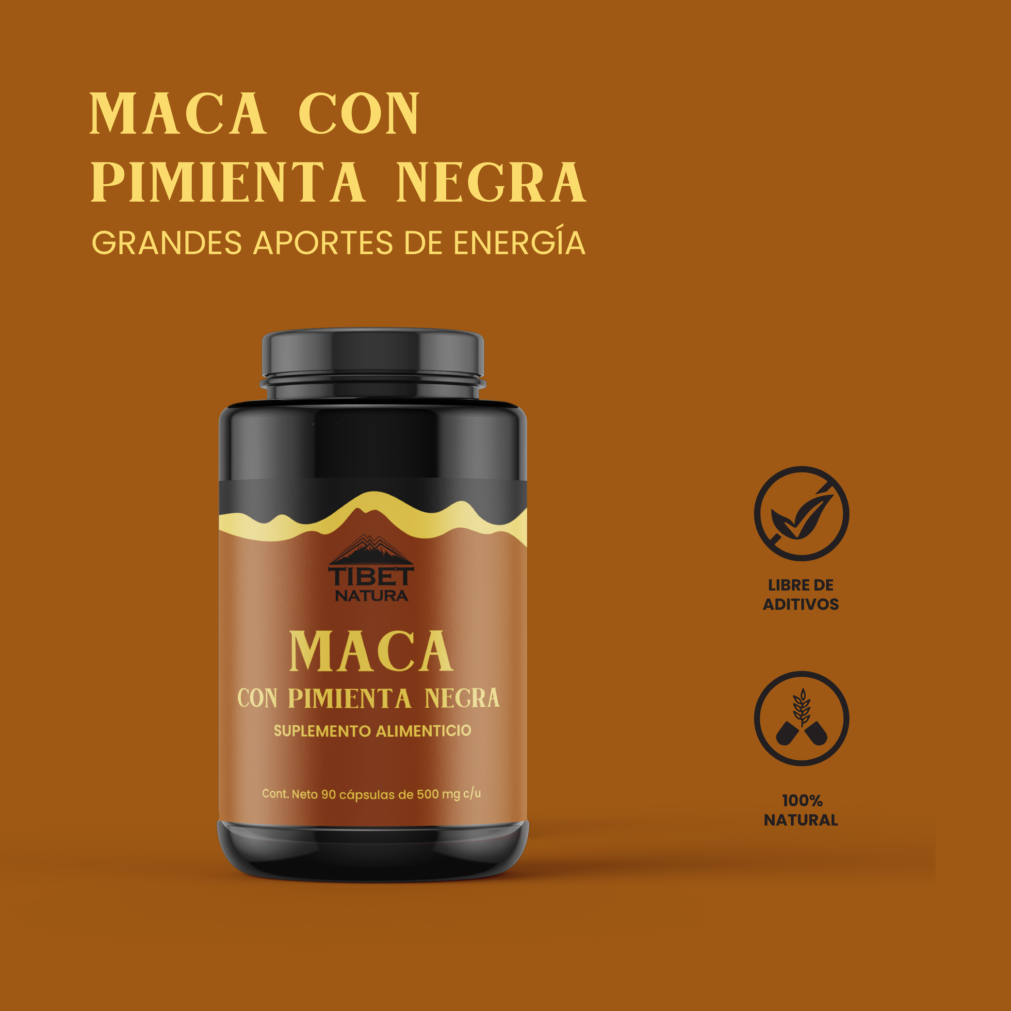 Maca Amarilla Con Pimienta Negra - 90 cápsulas con 500 mg c/u - Suplemento Alimenticio Natural - Energía - Sin Azúcar - Ni Aditivos