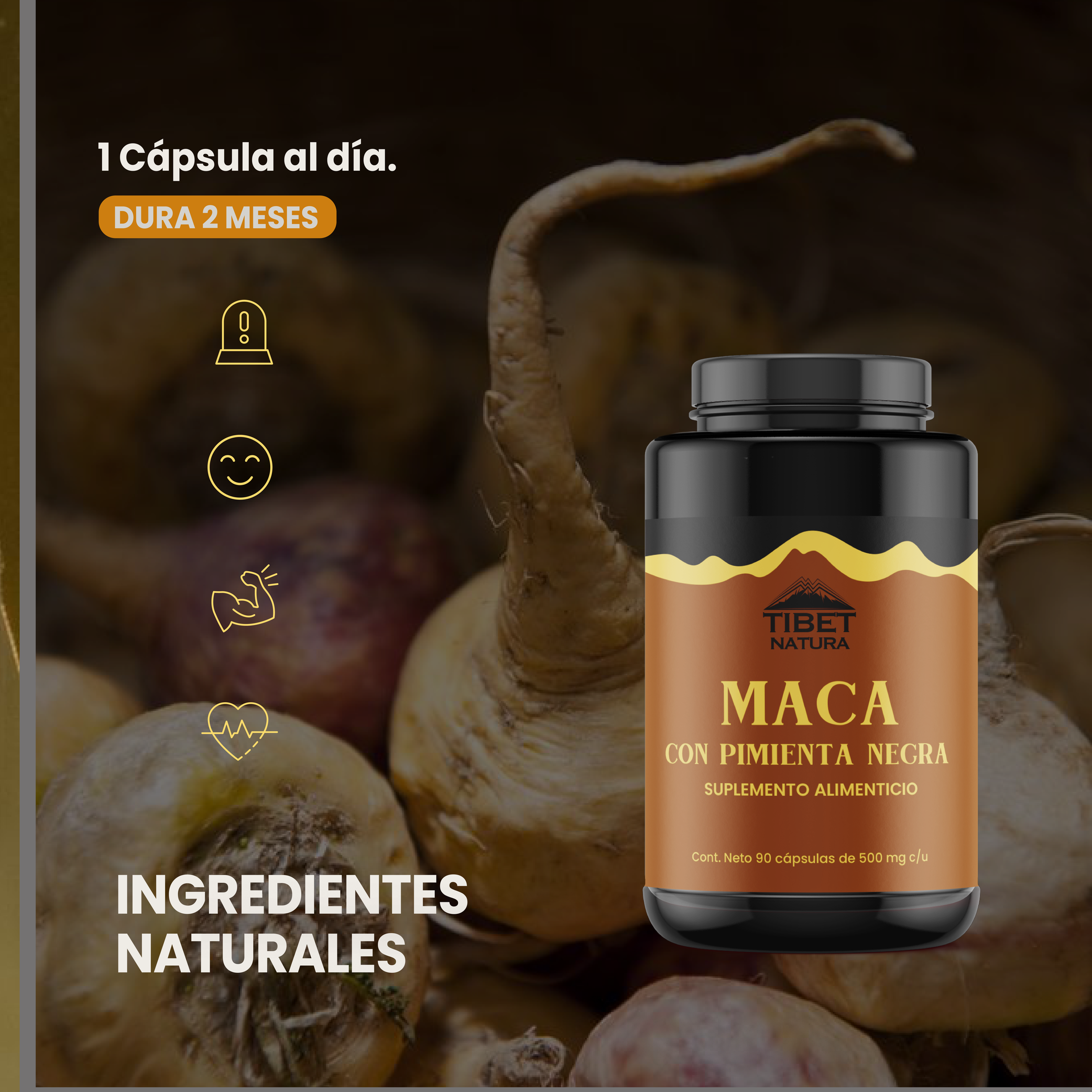 Maca Amarilla Con Pimienta Negra - 90 cápsulas con 500 mg c/u - Suplemento Alimenticio Natural - Energía - Sin Azúcar - Ni Aditivos