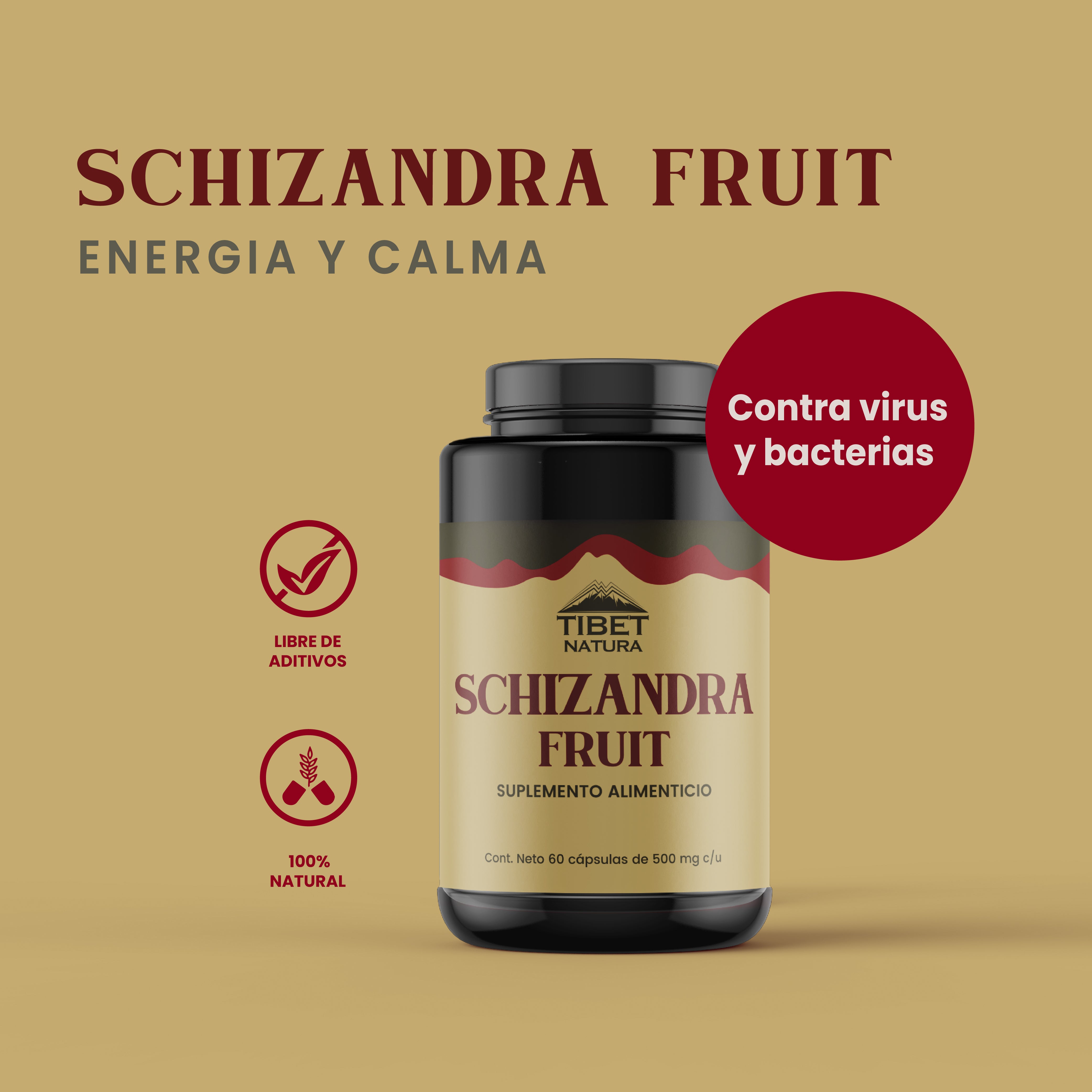 Schizandra - 60 cápsulas de 500 mg c/u - Suplemento Alimenticio - Schisandra Fruit - Sin Azúcar - Energía
