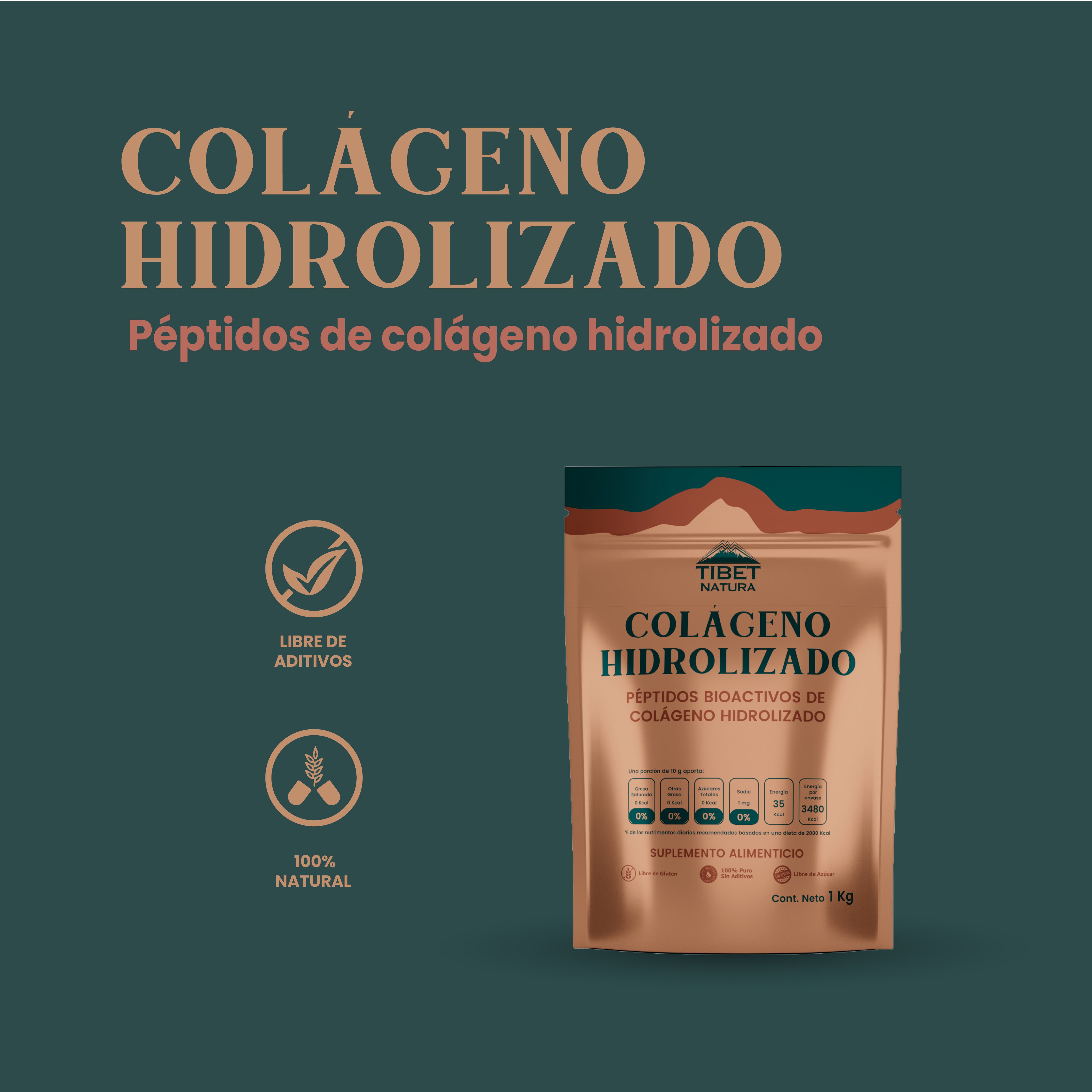 Colágeno Hidrolizado bovino, Peptidos bio activos de Colágeno, Vitamina C, B3, B2, B1, B5, B6, B9, Calcio, Hierro, Zinc, Cobre y Yodo.