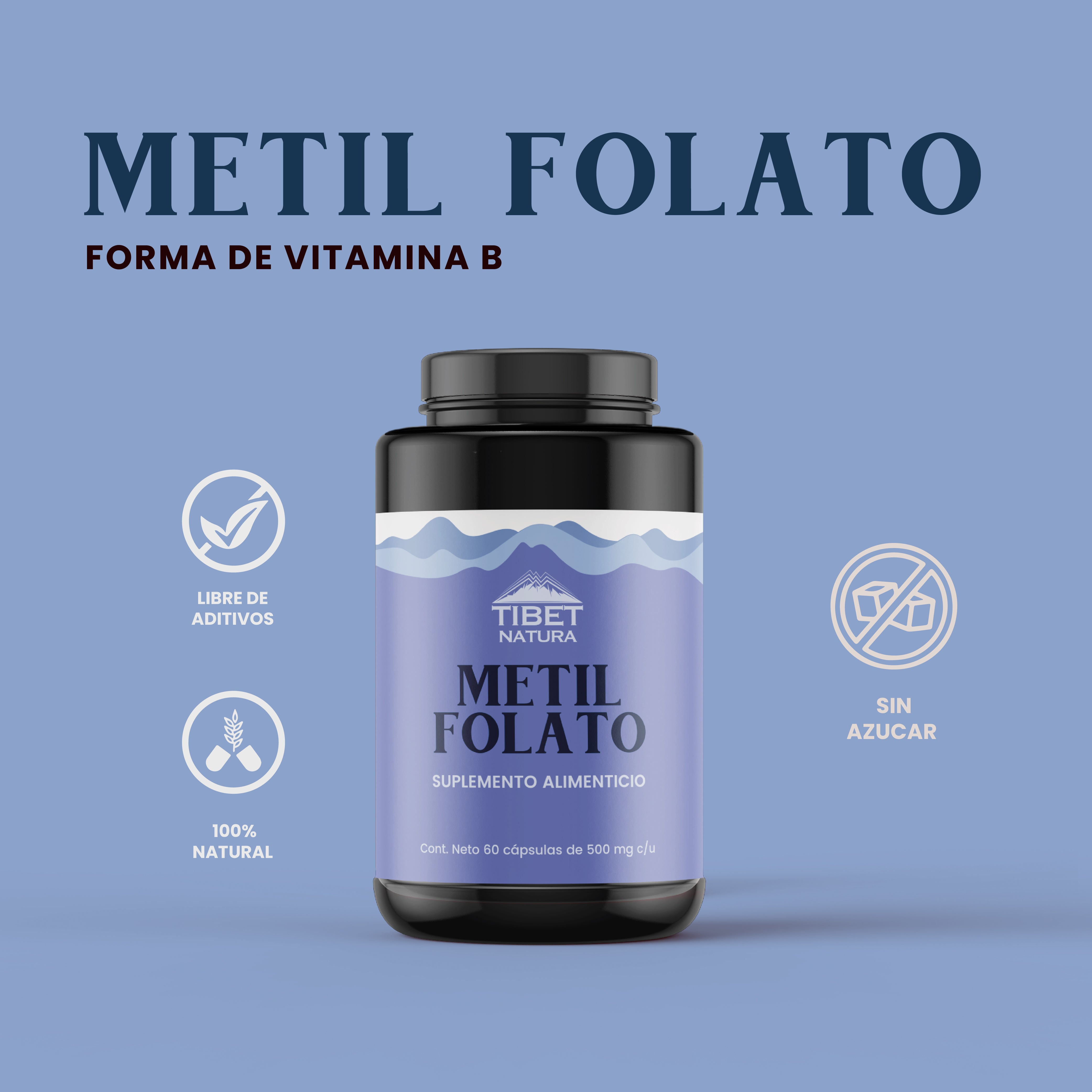 Metil folato, Levadura, Brocolí y Estearato de Magnesio. 60 Cáps de 500 mg c/u. Sin azúcares, sin sabor.