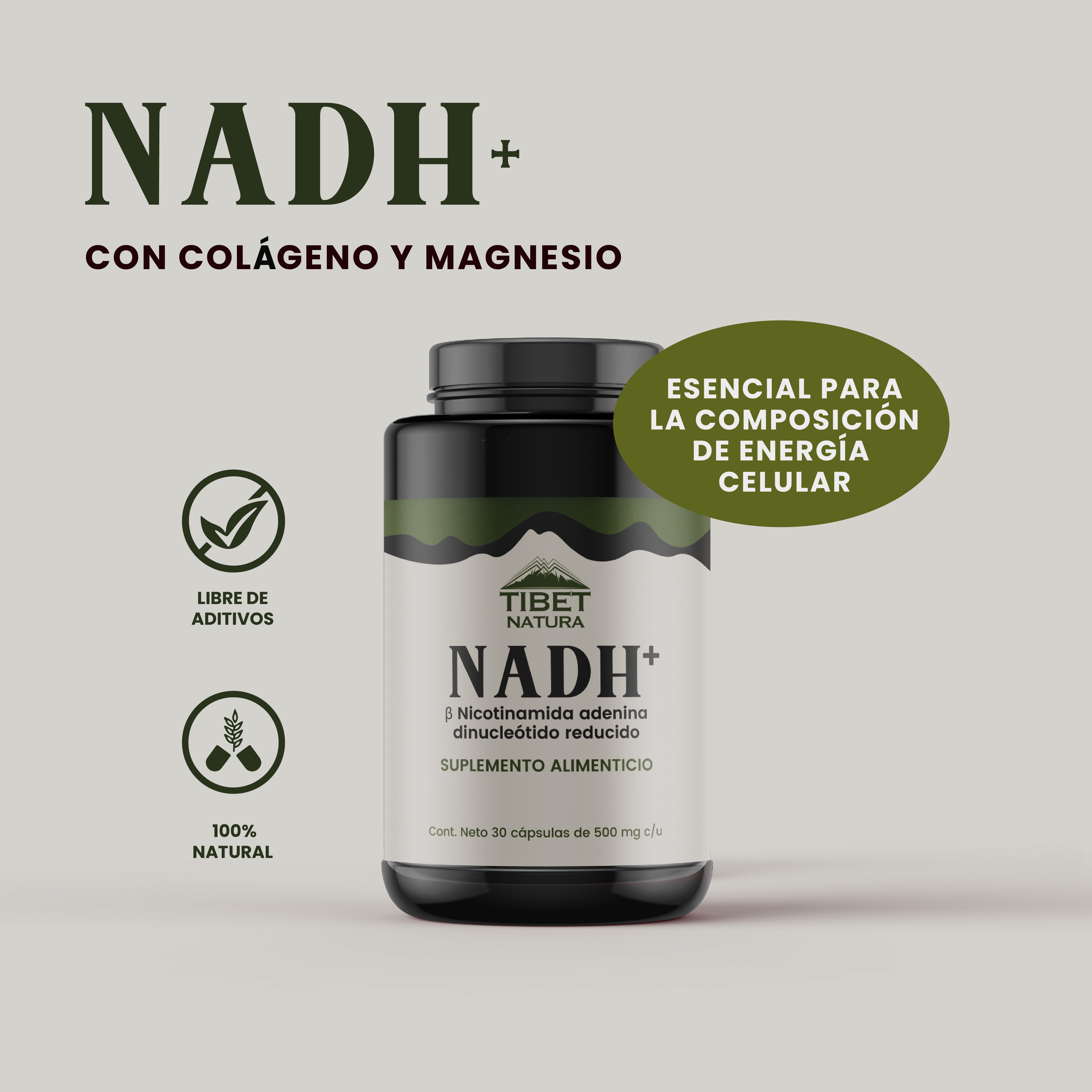 NADH+ Nicotinamida Adenina Dinucleótido Reducido - Con Citrato de Magnesio y Colágeno Hidrolizado - 30 Cápsulas 500 mg c/u - Suplemento Alimenticio