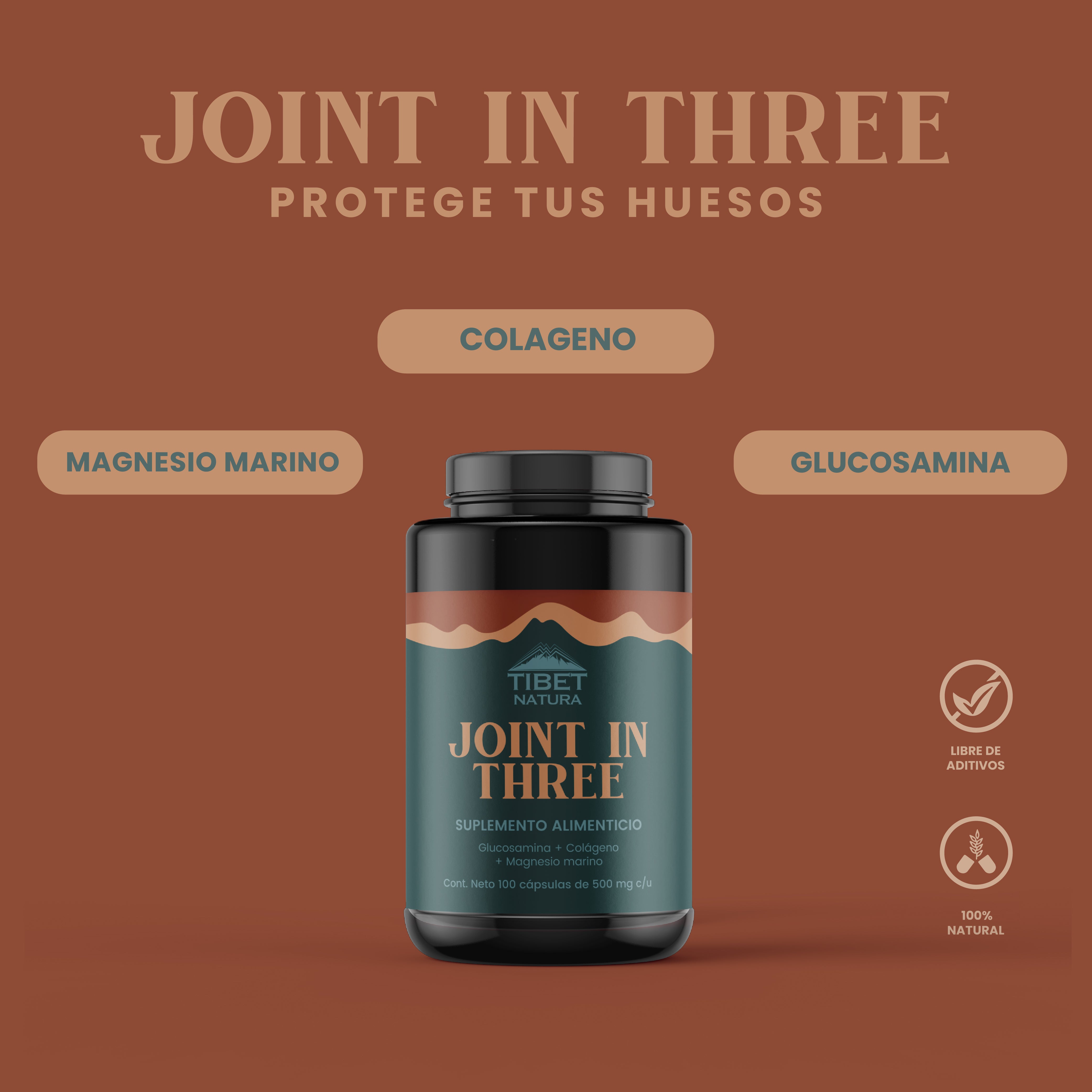 Glucosamina, Colágeno Hidrolizado Puro y Magnesio - 100 cápsulas 500 mg c/u - Magnesio Marino - Suplemento Alimenticio - Sin Azúcar - Joint In Three