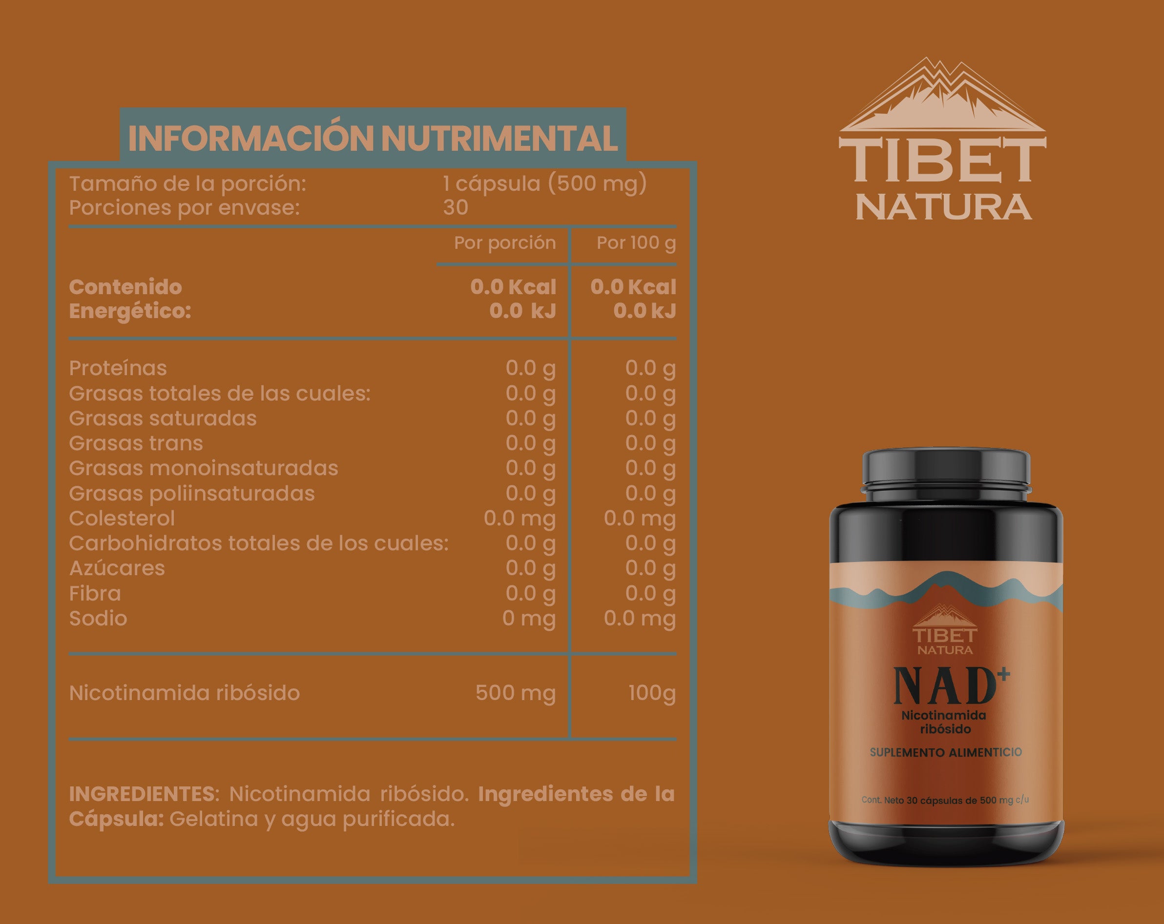 NAD Nicotinamida Ribósido- 30 Cápsulas 500 mg c/u - Suplemento Alimenticio