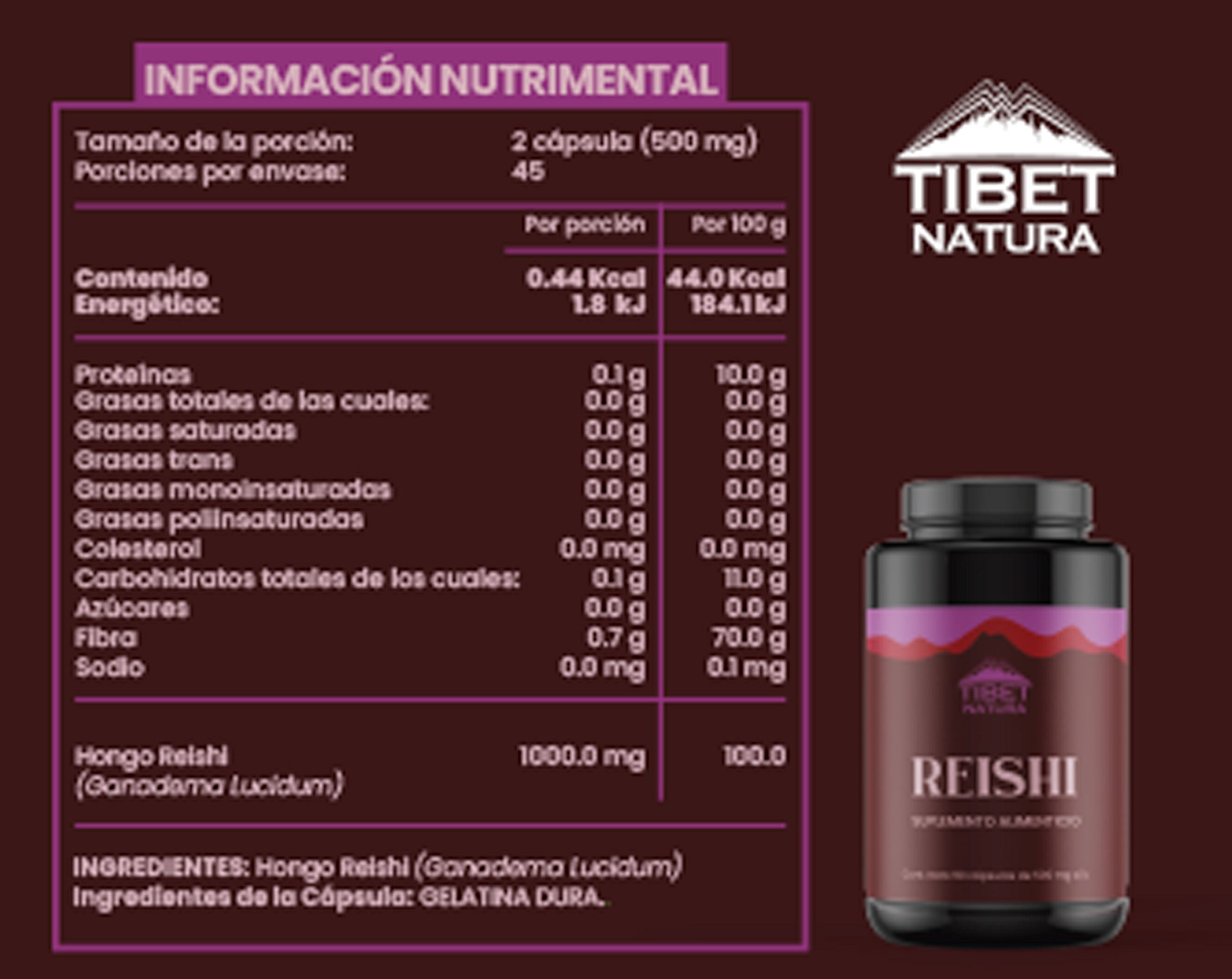 Hongo Reishi - Suplemento Alimenticio - 90 cápsulas de 500 mg c/u - Hongos Adaptógenos - Sin Azúcar - Ingredientes Naturales