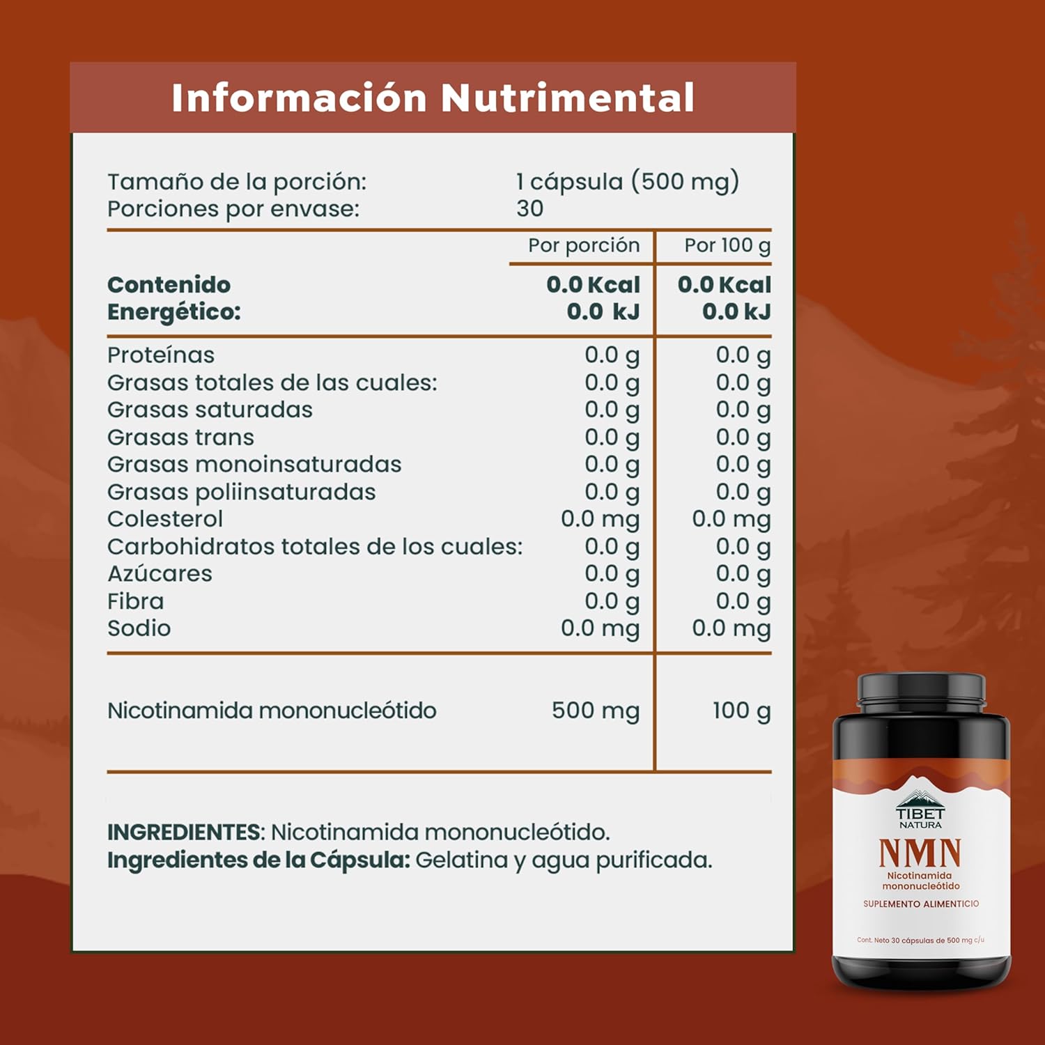 NMN 30 Cápsulas de 500 mg.