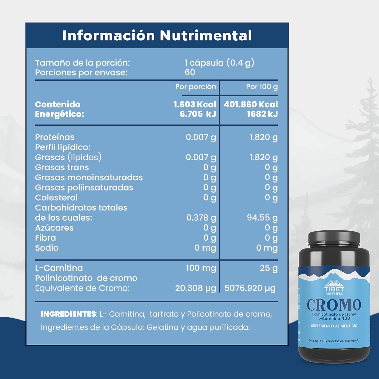 Cromo Con L-Carnitina 60 cápsulas de 400 mg.