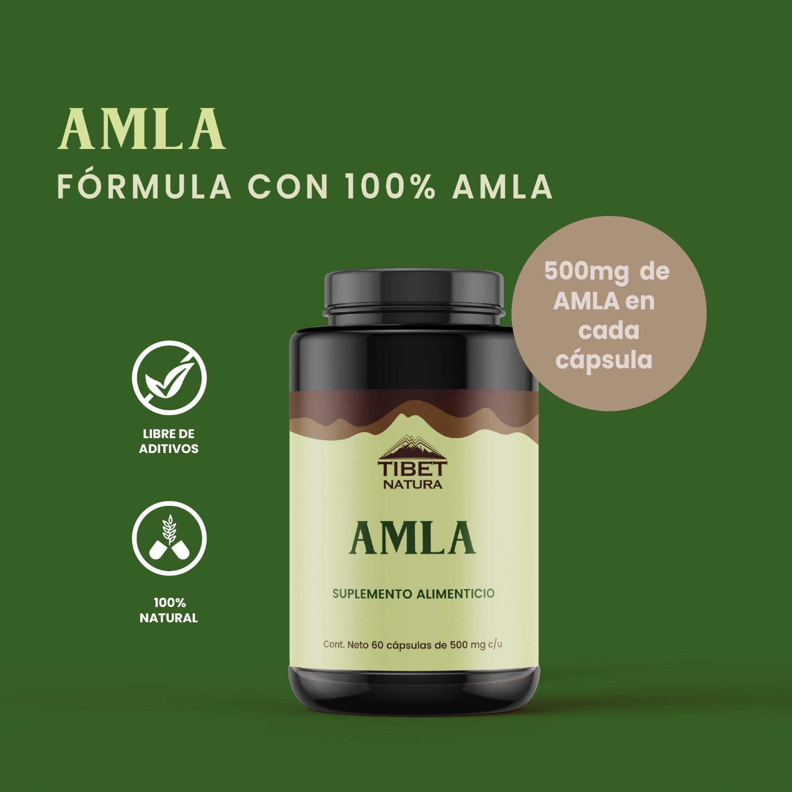 AMLA - 60 Cápsulas 500 mg c/u - Suplemento Alimenticio Natural - Sin Azúcar - Vitamina C - Hongos Adaptógenos