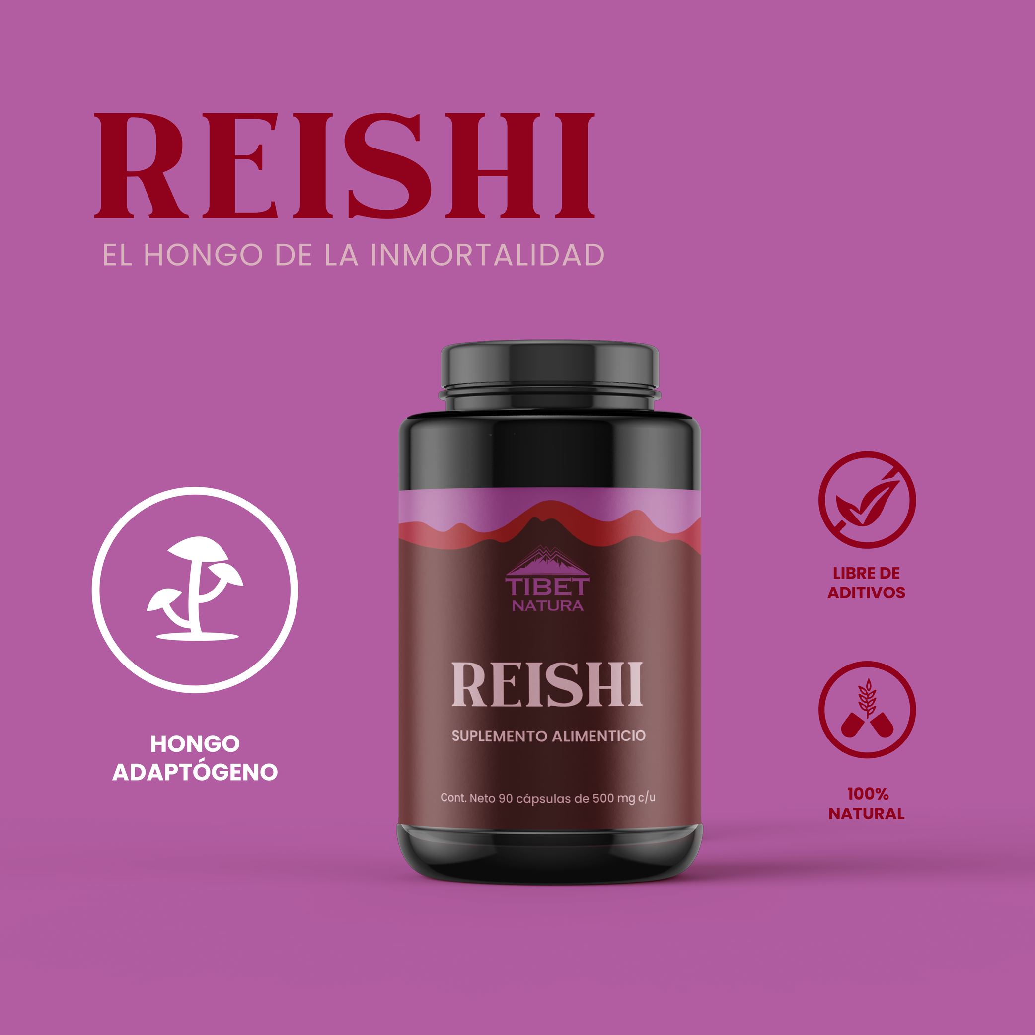 Hongo Reishi - Suplemento Alimenticio - 90 cápsulas de 500 mg c/u - Hongos Adaptógenos - Sin Azúcar - Ingredientes Naturales