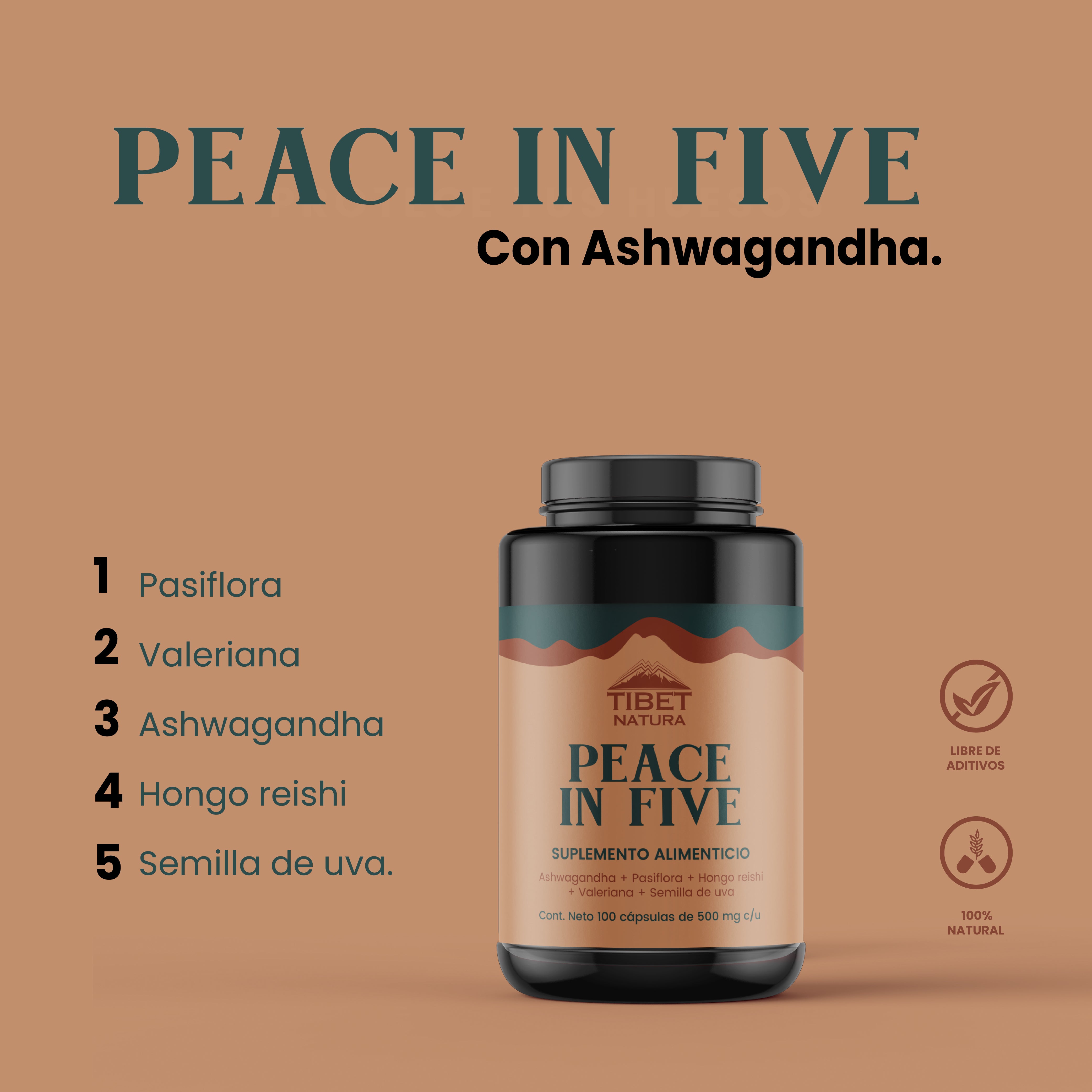 Ashwagandha, Pasiflora, Reishi, Valeriana y Semilla de uva. 100 cáps de 500 mg c/u. Tibet Natura, Sin azúcares, sin sabor.