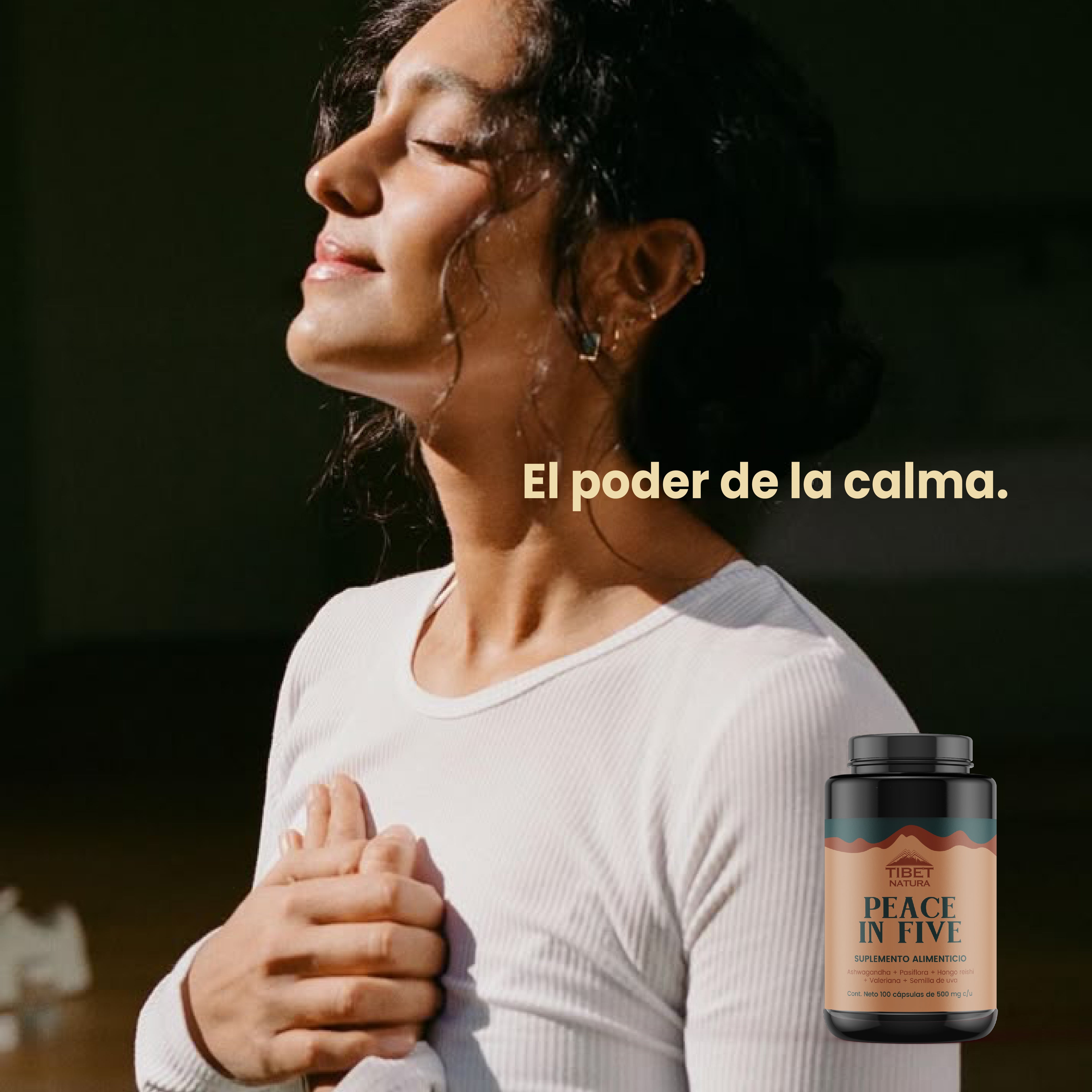 Ashwagandha, Pasiflora, Reishi, Valeriana y Semilla de uva. 100 cáps de 500 mg c/u. Tibet Natura, Sin azúcares, sin sabor.
