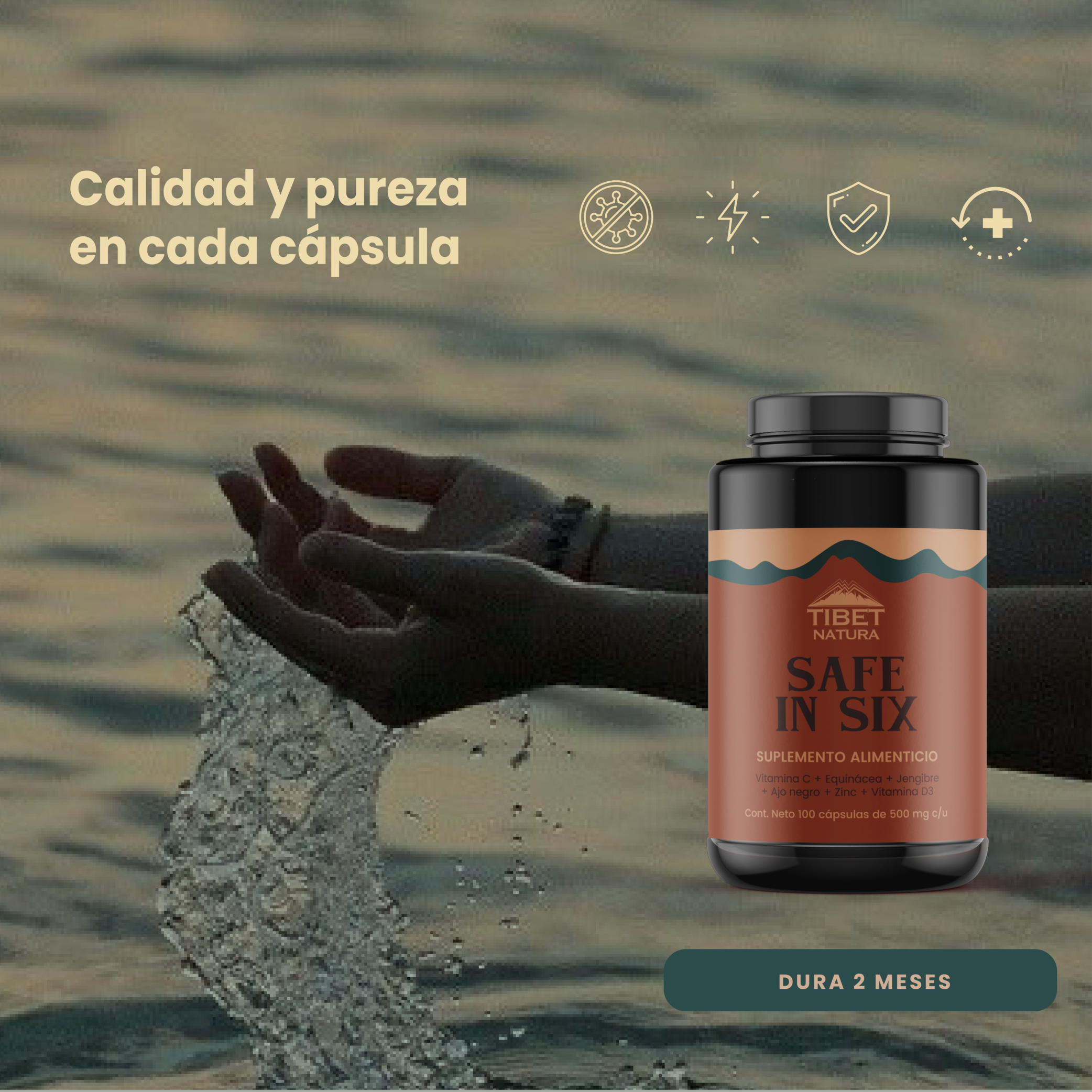 Vitamina D3, Jengibre, Vitamina C, Ajo negro, Equinacea, Zinc. 100 ca´ps de 500 mg c/u. Sin azúcares, sin sabor. Safe in six Tibet Natura